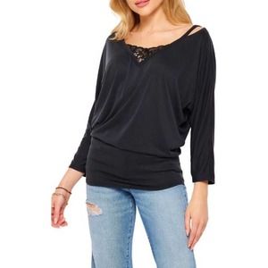 Bluegrey Black 3/4 Sleeve V-Neck Lace Trim Cutout Shoulder Tunic Top NWT Medium